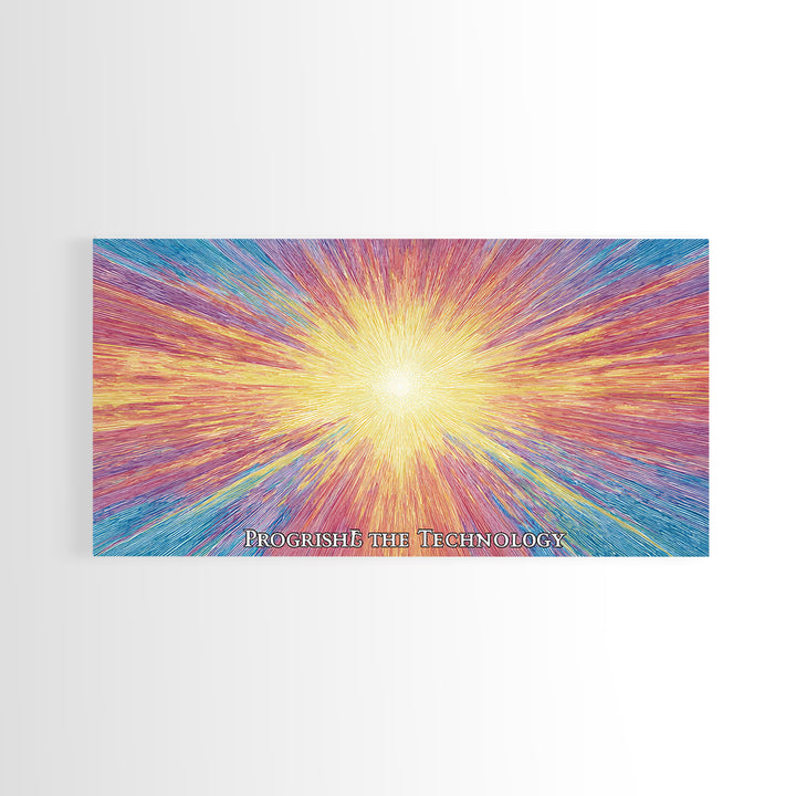 Golden Progress Technology Sunburst Wall Art, Psychedelic Op Art Print, Retro Futuristic Poster, Colorful Office Decor Gift