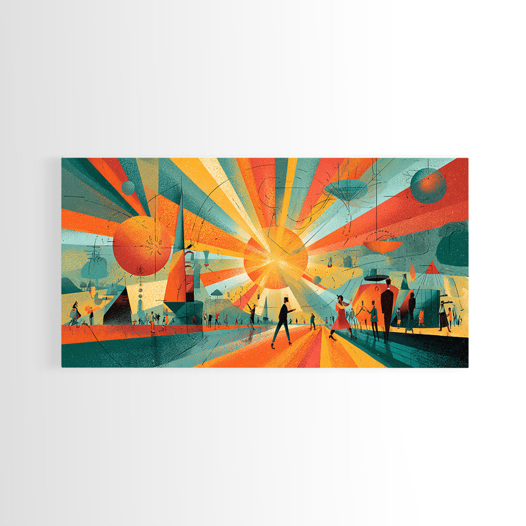 Futuristic Orange Teal City Plaza Framed Canvas Print, Atomic Midcentury Modern Wall Art, Geometric Retro Decor Poster Print