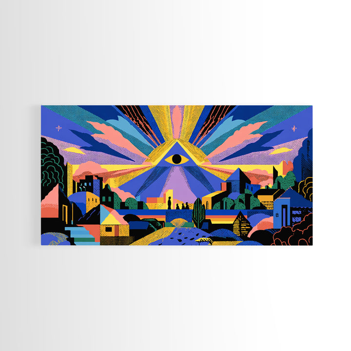 All Seeing Eye Over Colorful City Wall Art, Spiritual Midcentury Modern Print, Psychedelic Retro Poster, Mystical Decor Gift