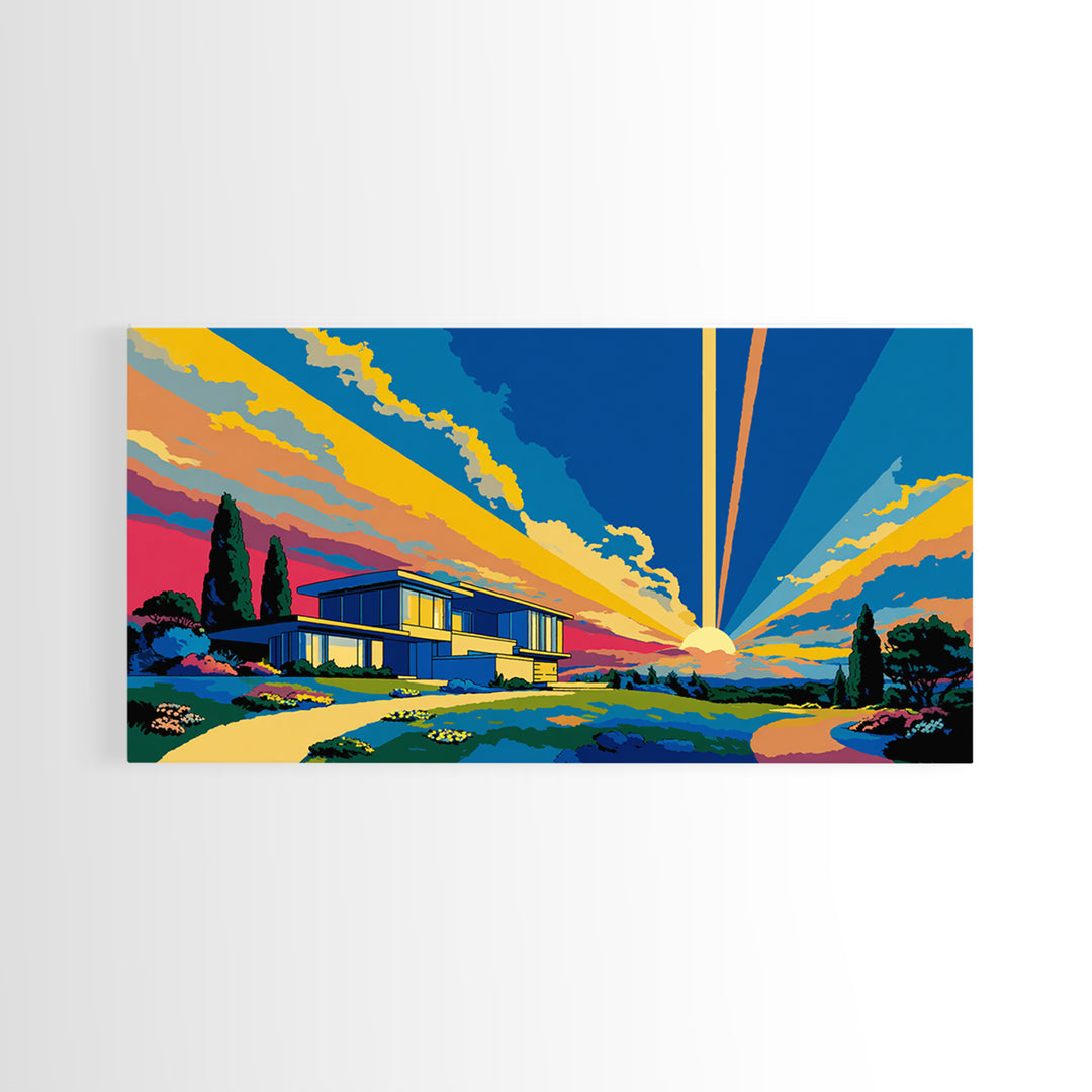 Modernist Home At Sunset Framed Canvas Print, Midcentury Modern Wall Art, Palm Springs Architecture Decor, MCM Poster Print