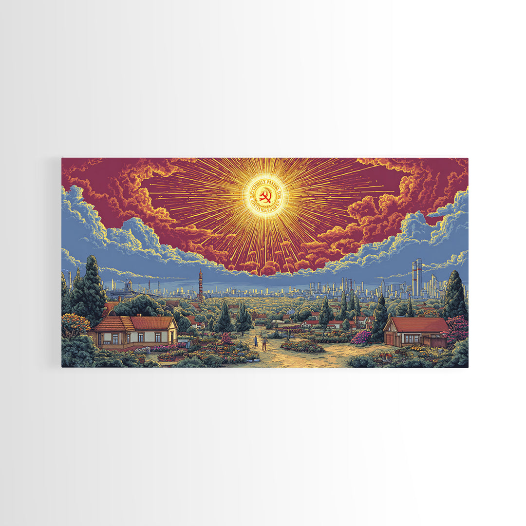 Radiant Socialist Sunrise Over Garden City Wall Art, Retro Futurist Poster, Midcentury Modern Decor, Bold Landscape Print