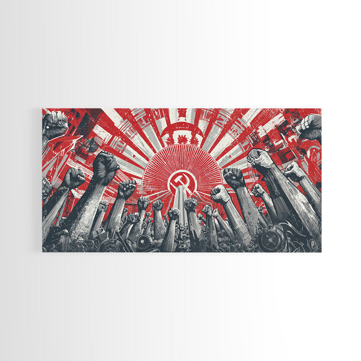 Raised Fists Revolutionary Sunburst Wall Art, Red Black Retro Poster, Midcentury Modern Decor, Bold Graphic Protest Print