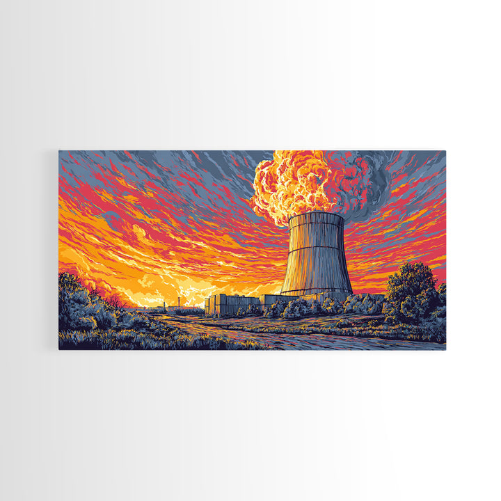 Fiery Nuclear Cooling Tower Sunset Canvas Print, Industrial Retro Futurist Poster, Midcentury Modern Wall Decor, Orange Sky Art
