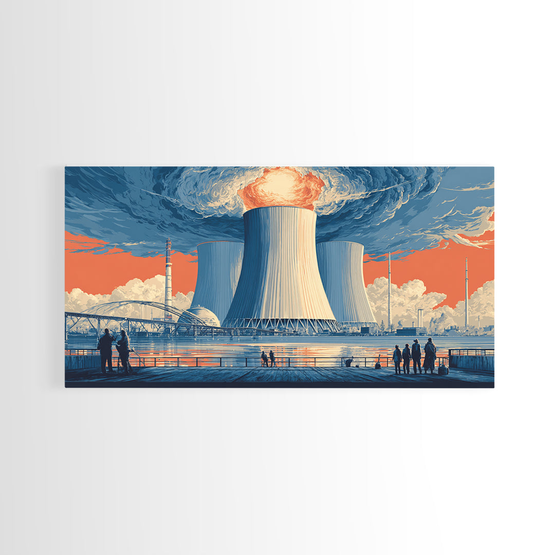 Waterfront Nuclear Power Station Framed Canvas Print, Retro Futurist Industrial Poster, Midcentury Modern Wall Art Decor