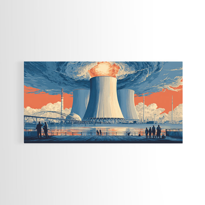 Waterfront Nuclear Power Station Framed Canvas Print, Retro Futurist Industrial Poster, Midcentury Modern Wall Art Decor