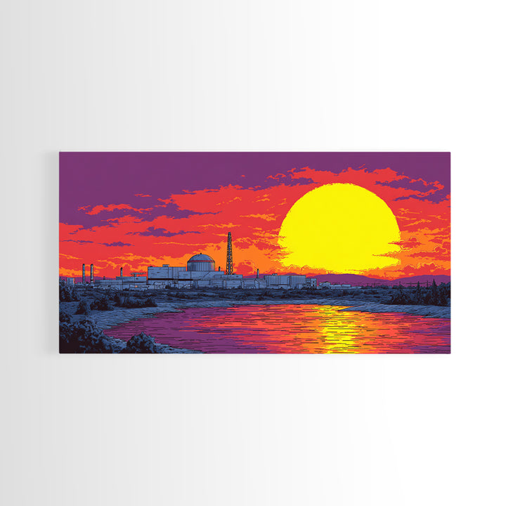 Purple Sunset Nuclear Plant Canvas Print, Retro Futurist Industrial Poster, Midcentury Modern Wall Art, Orange Lake Decor