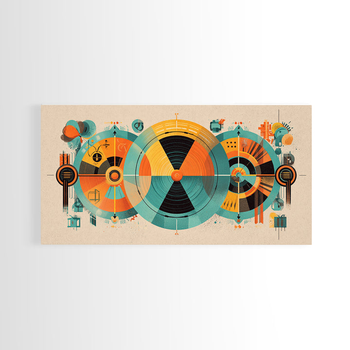 Abstract Atomic Circles And Teal Orange Geometry Wall Art, Bauhaus Midcentury Modern Decor, Retro Geometric Poster Print