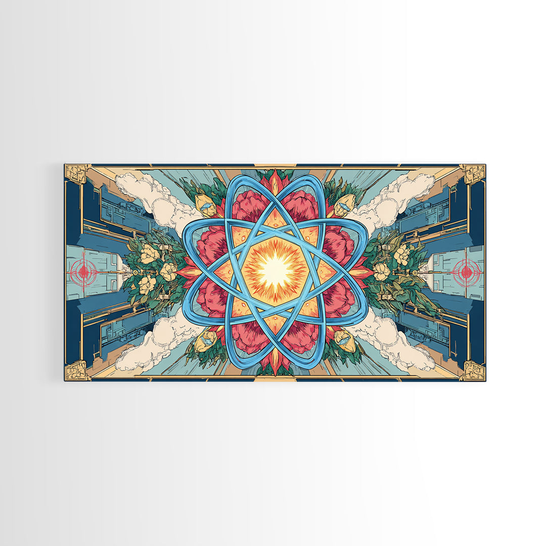 Ornate Atomic Starburst Kaleidoscope Framed Canvas Print, Symmetrical Retro Futurist Poster, Midcentury Modern Wall Art Decor