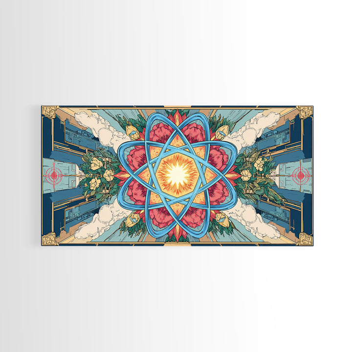 Ornate Atomic Starburst Kaleidoscope Framed Canvas Print, Symmetrical Retro Futurist Poster, Midcentury Modern Wall Art Decor