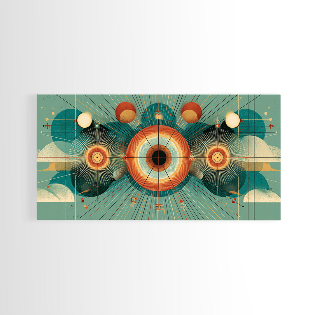 Cosmic Eye With Planets And Sunbursts Wall Art, Atomic Retro Futurist Poster, Midcentury Modern Geometric Teal Decor Print