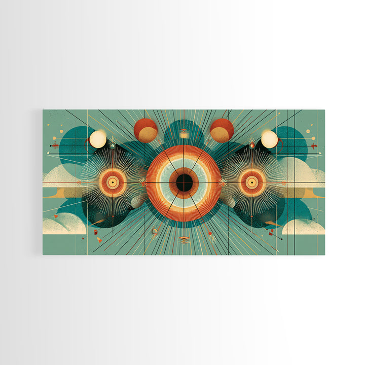Cosmic Eye With Planets And Sunbursts Wall Art, Atomic Retro Futurist Poster, Midcentury Modern Geometric Teal Decor Print