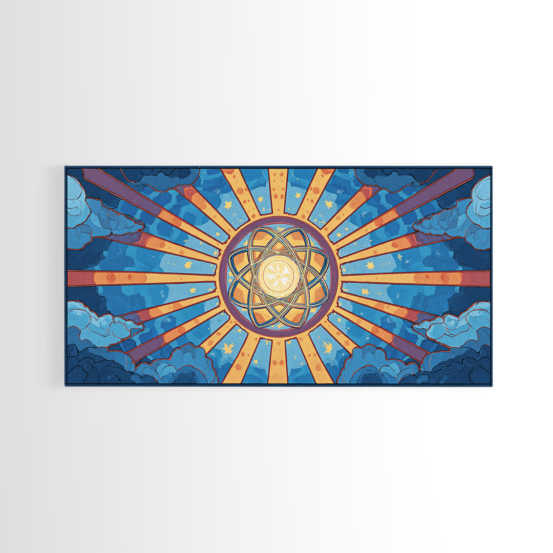 Celestial Atomic Starburst In Blue Clouds Canvas Print, Retro Futurist Midcentury Modern Wall Art, Geometric Poster Decor