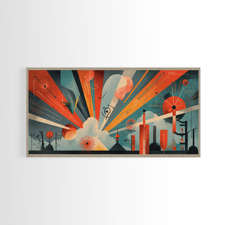 Atomic Orange Teal Geometric Burst Wall Art, Midcentury Modern Decor, Retro Abstract Art Print, Bauhaus Office Home Decor