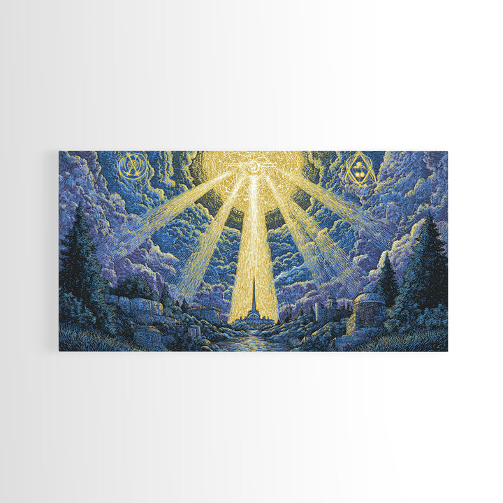 Mystic Mountain Valley With Divine Light Framed Canvas Print, Spiritual Wall Art, Blue Nature Decor, Celestial Home Office