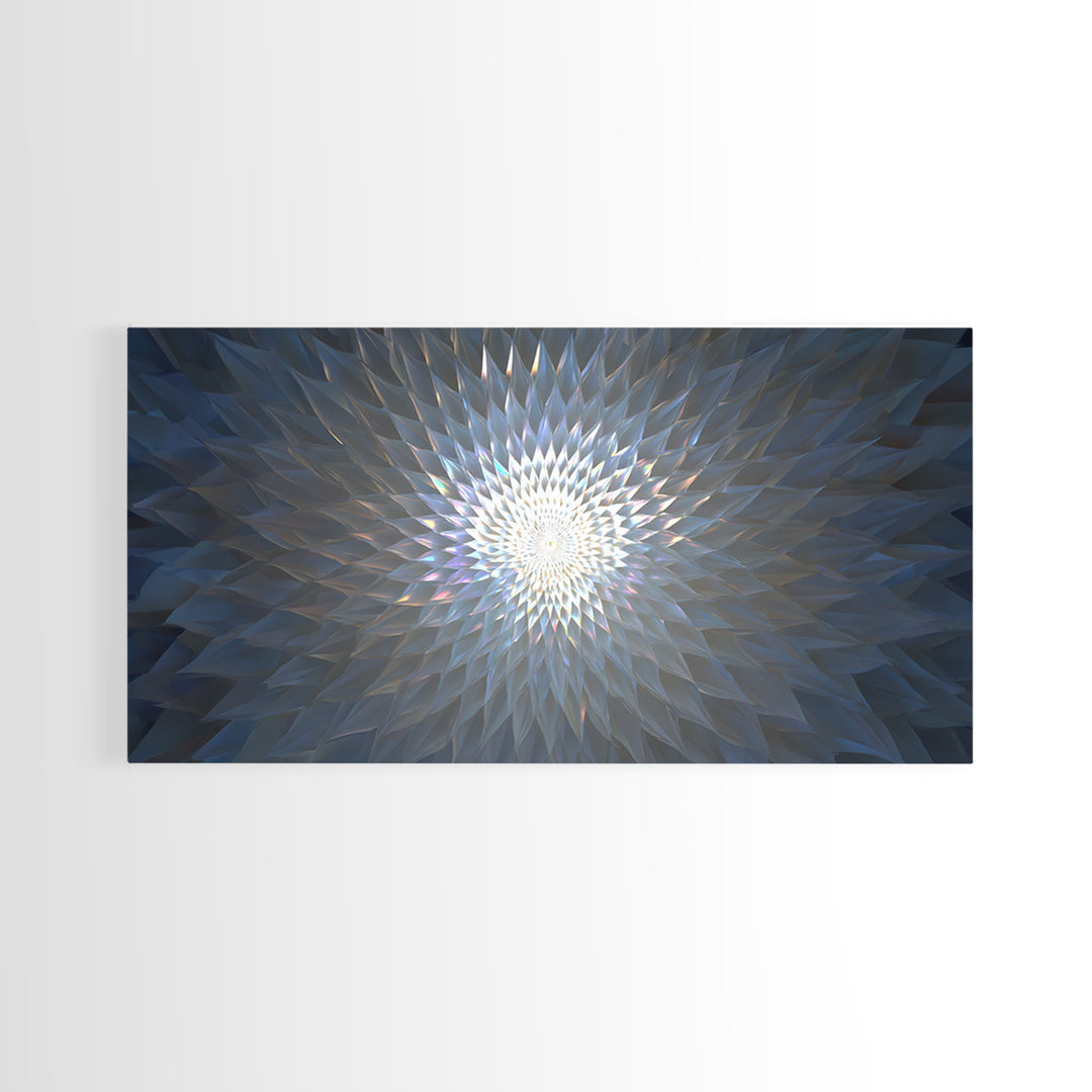 Blue Crystal Radial Mandala Framed Canvas Print, Modern Abstract Wall Art, Geometric Light Decor, Serene Home Office Decor