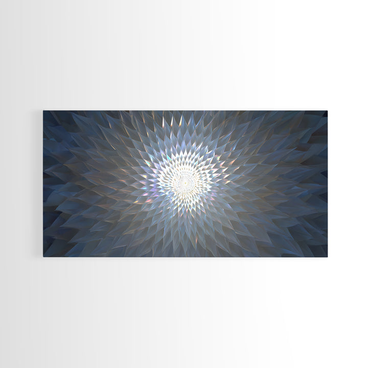Blue Crystal Radial Mandala Framed Canvas Print, Modern Abstract Wall Art, Geometric Light Decor, Serene Home Office Decor