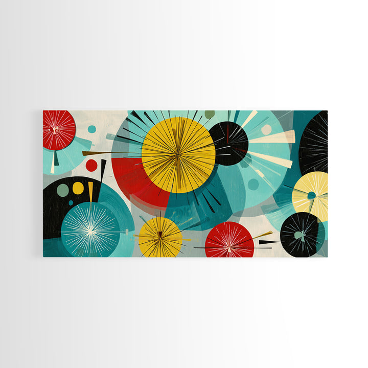 Teal Red Yellow Atomic Circles Wall Art, Midcentury Modern Abstract Art Print, Bauhaus Geometric Decor, Retro Home Office