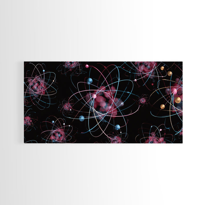 Glowing Pink Atomic Orbits On Black Wall Art, Midcentury Modern Abstract Print, Retro Space Decor, MCM Gallery Wall Home Decor