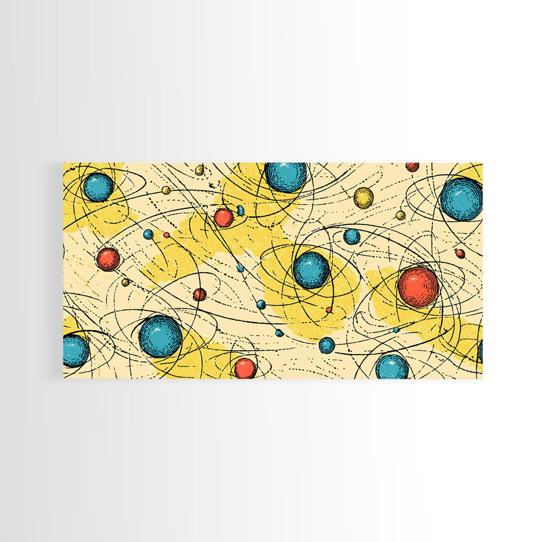 Yellow Blue Atomic Planets Wall Art, Midcentury Modern Abstract Print, Retro Space Poster, Geometric MCM Living Room Decor