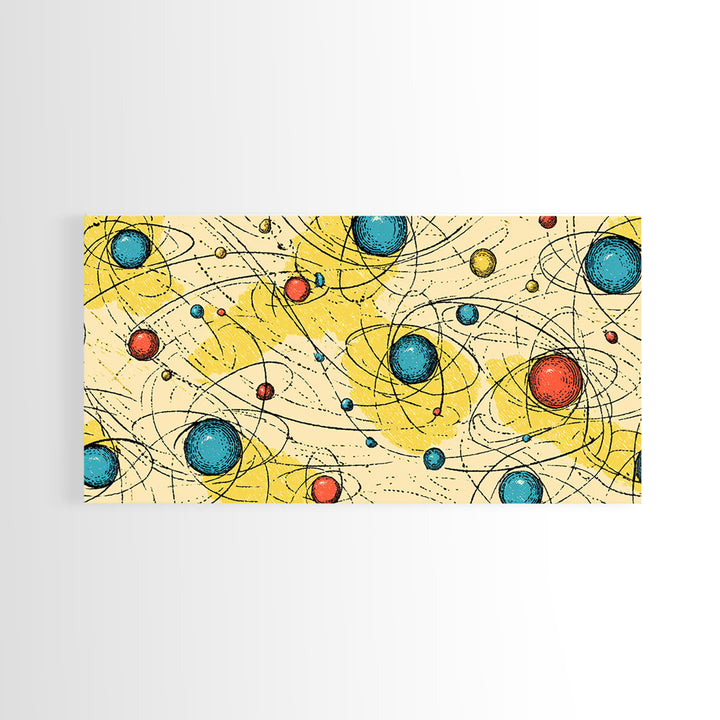Yellow Blue Atomic Planets Wall Art, Midcentury Modern Abstract Print, Retro Space Poster, Geometric MCM Living Room Decor