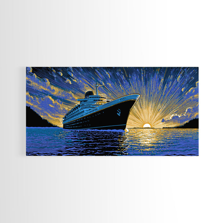 Dramatic Cruise Ship Sunset Canvas Print, Retro Travel Poster, Ocean Liner Wall Decor, Blue Gold Nautical Living Room Art