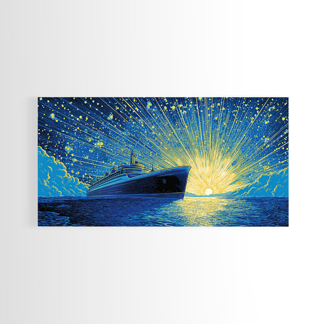 Blue Cruise Ship Sunrise Wall Art, Retro Ocean Liner Poster, Nautical Coastal Decor, Dramatic Sunset Print For Living Room