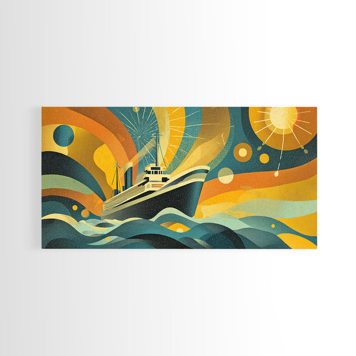 Midcentury Yacht At Sea Canvas Print, Abstract Sun Waves Wall Decor, Retro Modern Ocean Poster, Colorful Nautical Home Art