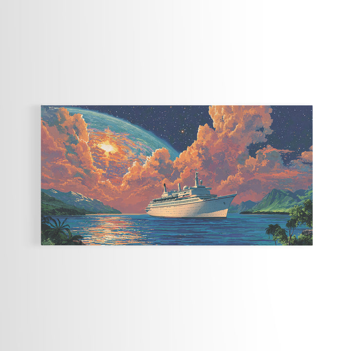 Tropical Cruise Ship Moonrise Wall Art, Dreamy Island Ocean Poster, Scenic Travel Print, Colorful Coastal Living Room Decor