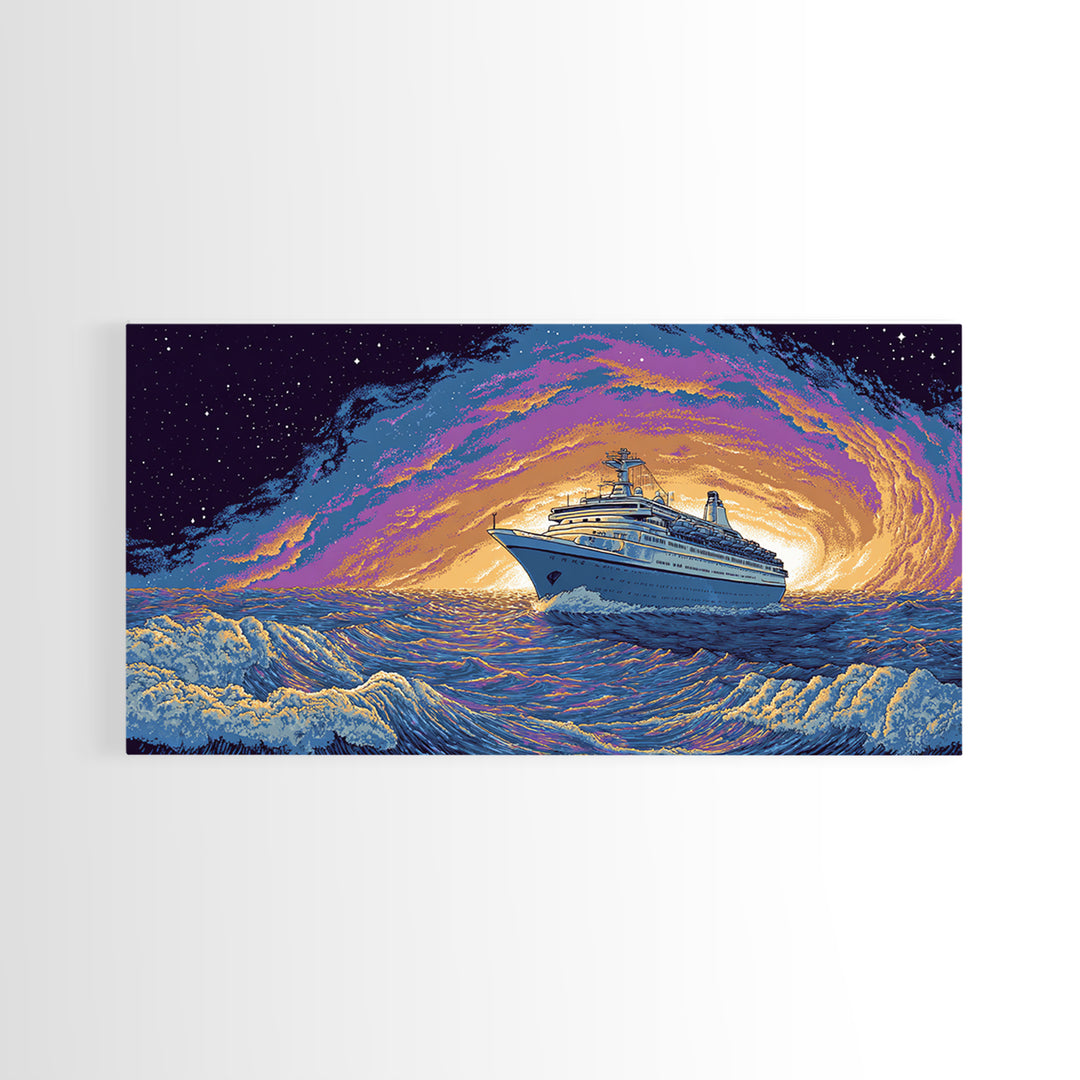 Starry Cruise Ship Vortex Canvas Print, Retro Futuristic Ocean Poster, Purple Orange Wave Wall Decor, Cosmic Nautical Art