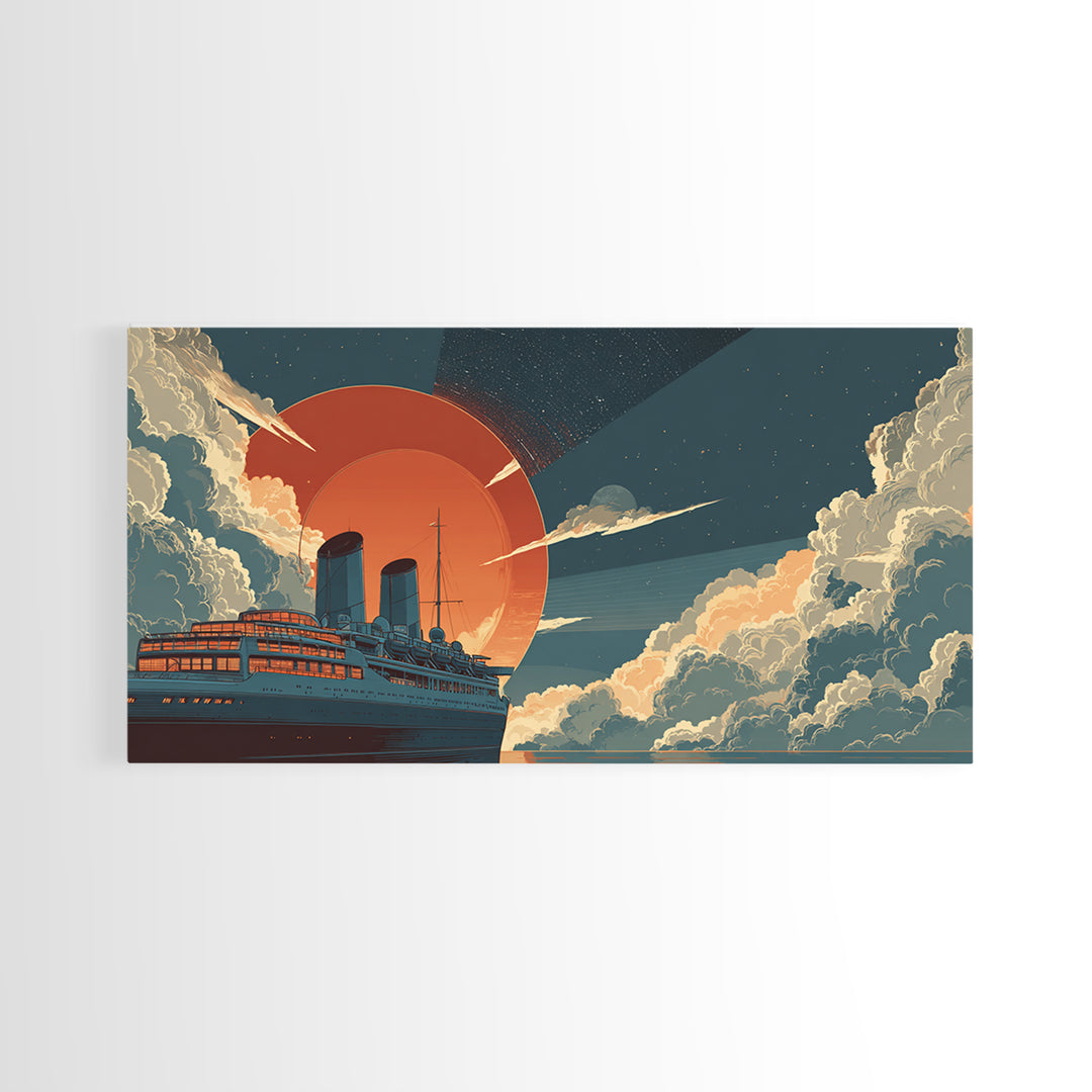 Ocean Liner Red Sun Wall Art, Retro Futuristic Steamship Poster, Art Deco Clouds, Nautical Travel Decor For Living Room Art
