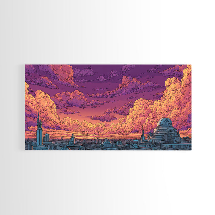 Purple Sunset City Skyline Canvas Print, Retro Futuristic Architecture Poster, Cloudscape Wall Decor, Modern Urban Home Art