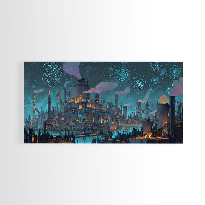 Teal Atomic Industrial Futuristic City Skyline Wall Art, Midcentury Modern Art Print, Retro Sci Fi Office Decor Poster Gift