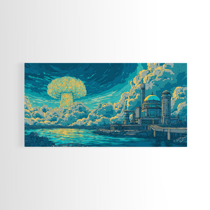 Mushroom Cloud Over Teal Ocean And Dome City Framed Canvas Print, Retro Sci Fi Wall Art, Atomic Midcentury Modern Decor Poster