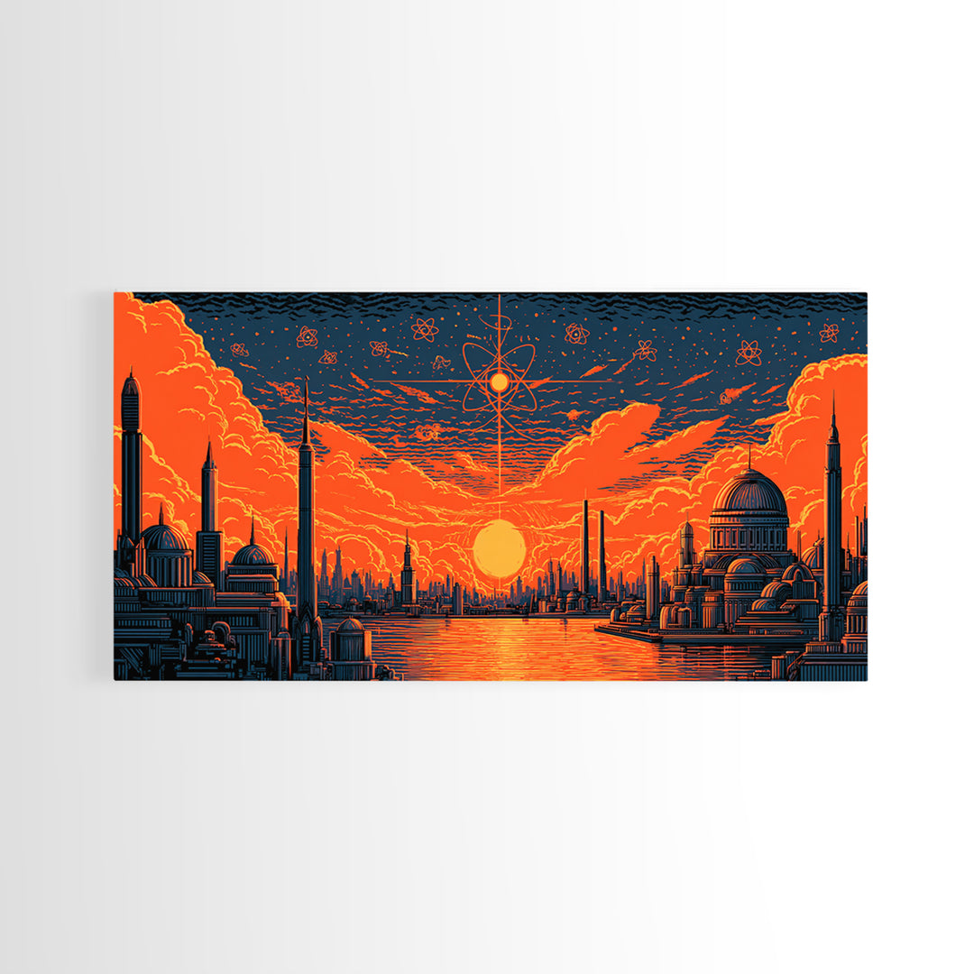 Orange Atomic Sunset Futuristic River Skyline Wall Art, Midcentury Modern Poster, Retro Sci Fi Cityscape Home Office Decor