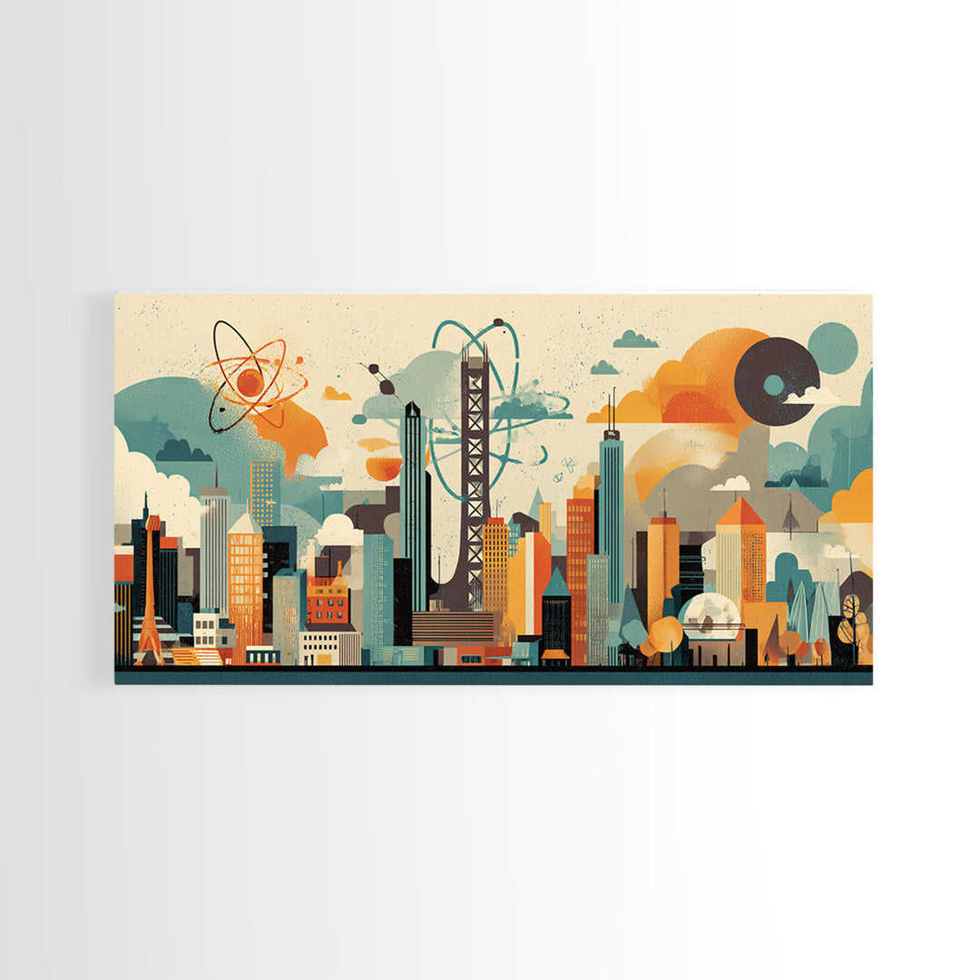 Collage Atomic Bridge City Skyline Canvas Print, Midcentury Modern Wall Art, Geometric Retro Poster, Colorful Office Decor