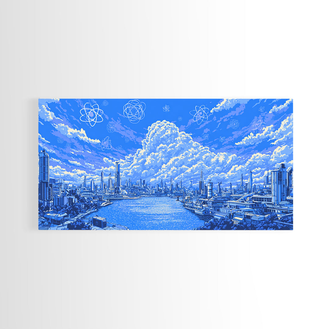 Blue Futuristic Harbor City With Atomic Clouds Wall Art, Modern Art Print, Midcentury Decor, Sci Fi Living Room Poster Gift