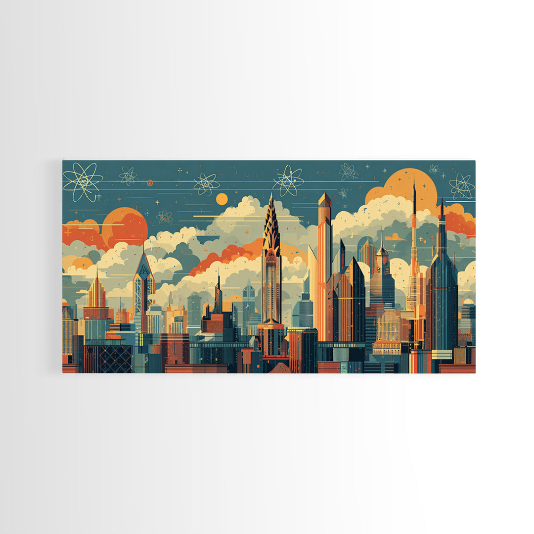 Retro Atomic Skyscraper City At Orange Sun Canvas Print, Midcentury Modern Wall Art, Space Age Skyline Office Decor Poster