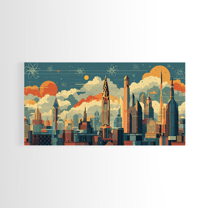 Retro Atomic Skyscraper City At Orange Sun Canvas Print, Midcentury Modern Wall Art, Space Age Skyline Office Decor Poster