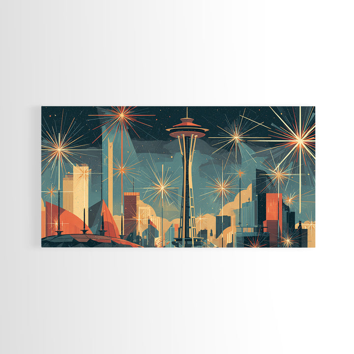 Seattle Space Needle Starburst Skyline Wall Art, Midcentury Modern Art Print, Retro Atomic Cityscape Office Decor Poster