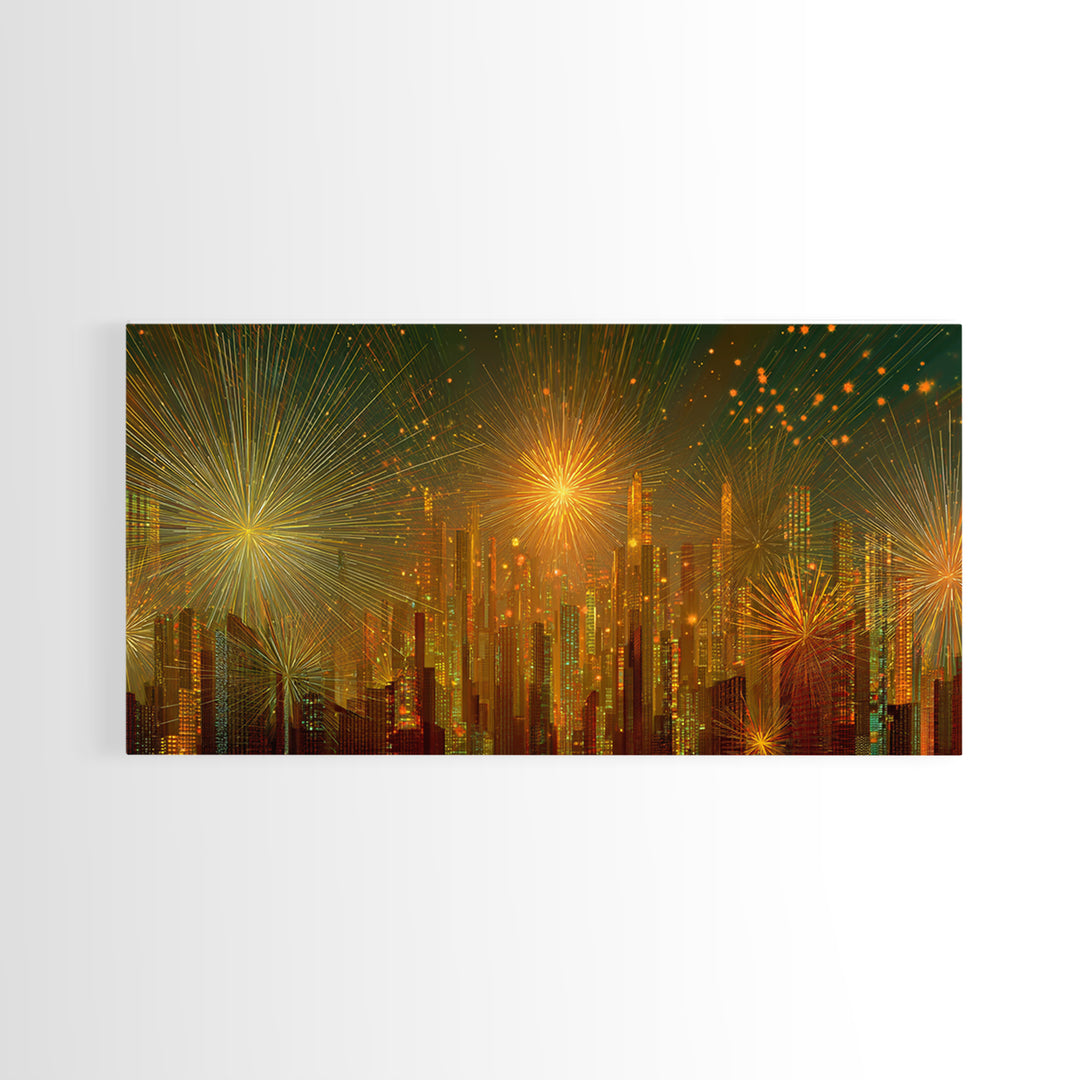 Golden Fireworks Futuristic City Skyline Framed Canvas Print, Modern Wall Art, Midcentury Retro Decor, Large Statement Poster