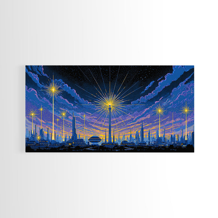 Blue Purple Night Skyline With Starburst Lights Canvas Print, Retro Sci Fi Wall Art, Midcentury Modern Cityscape Decor Poster