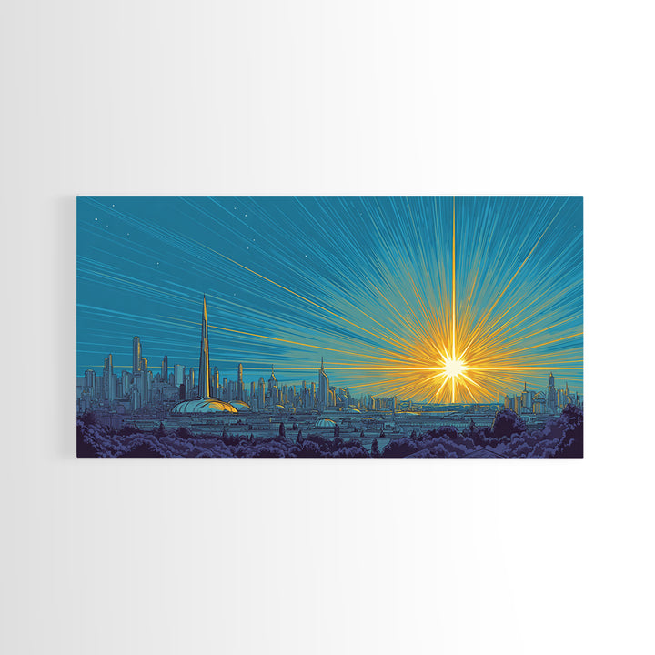 Futuristic Skyline Sunrise With Golden Rays, Mid Century Modern Wall Art, Retro Sci Fi Cityscape Print, Living Room Decor