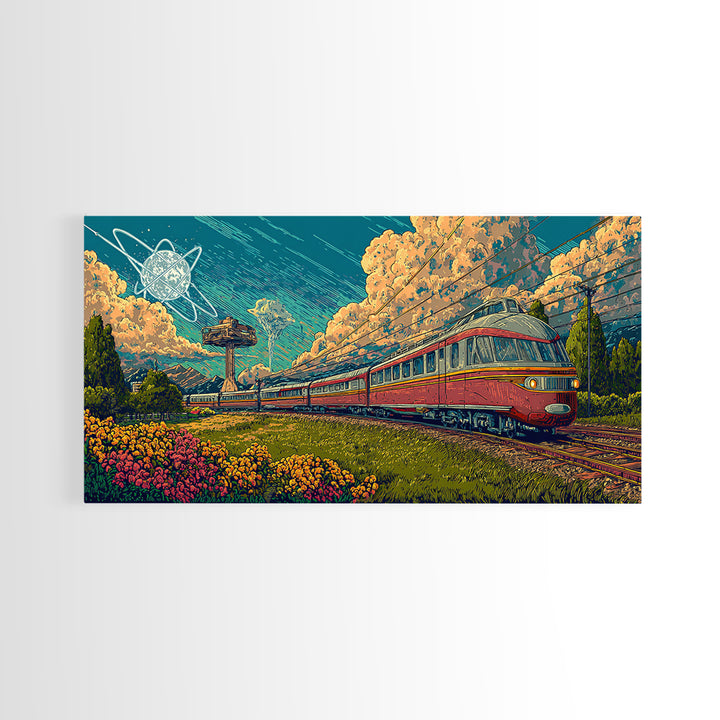 Red Passenger Train Through Flower Fields, Mid Century Modern Wall Art, Retro Travel Poster, Scenic Landscape Decor Print