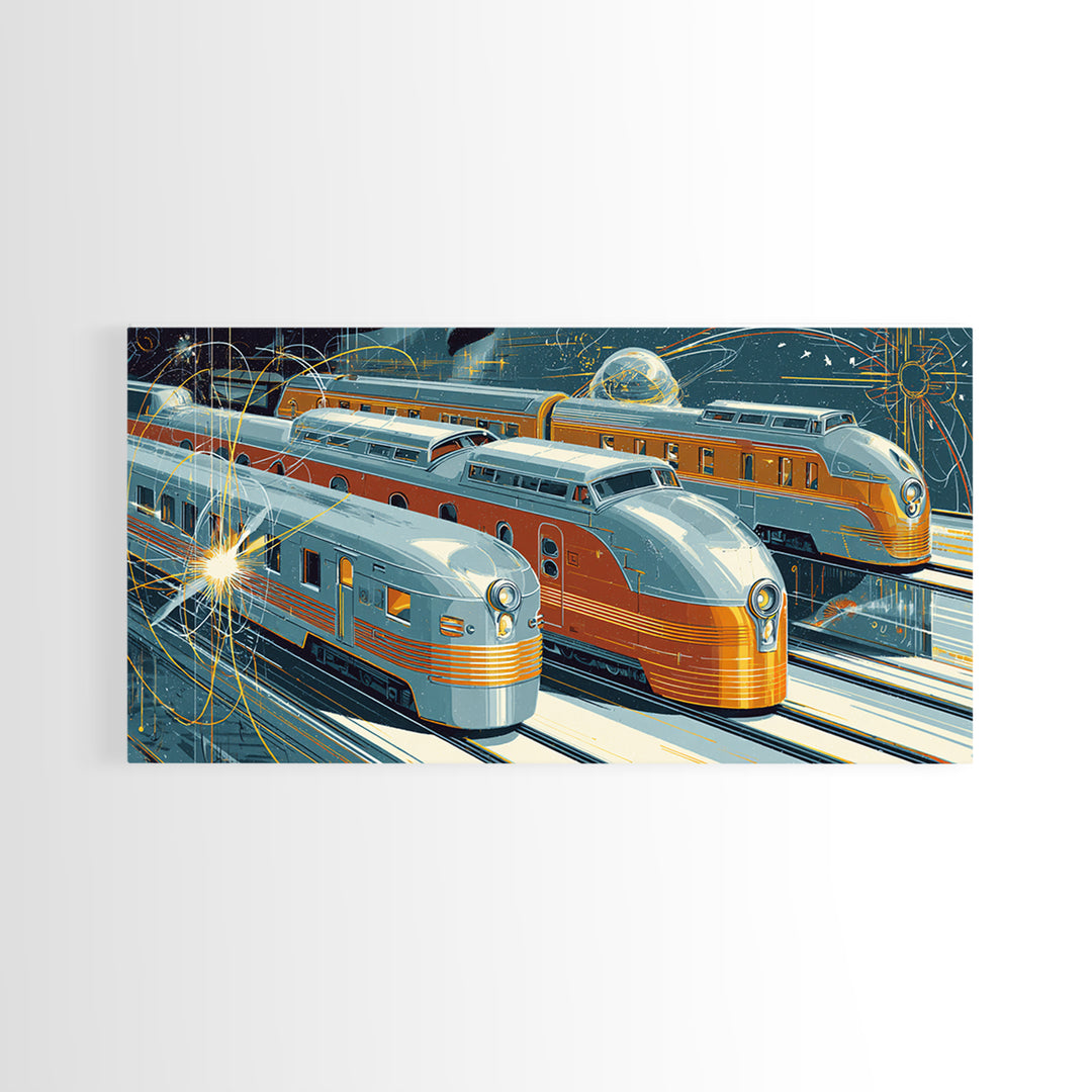 Silver Gold Futuristic Streamliner Trains, Mid Century Modern Wall Art, Atomic Railroad Poster, Retro Transportation Decor