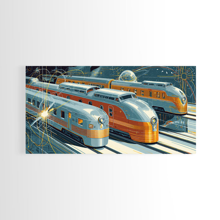 Silver Gold Futuristic Streamliner Trains, Mid Century Modern Wall Art, Atomic Railroad Poster, Retro Transportation Decor