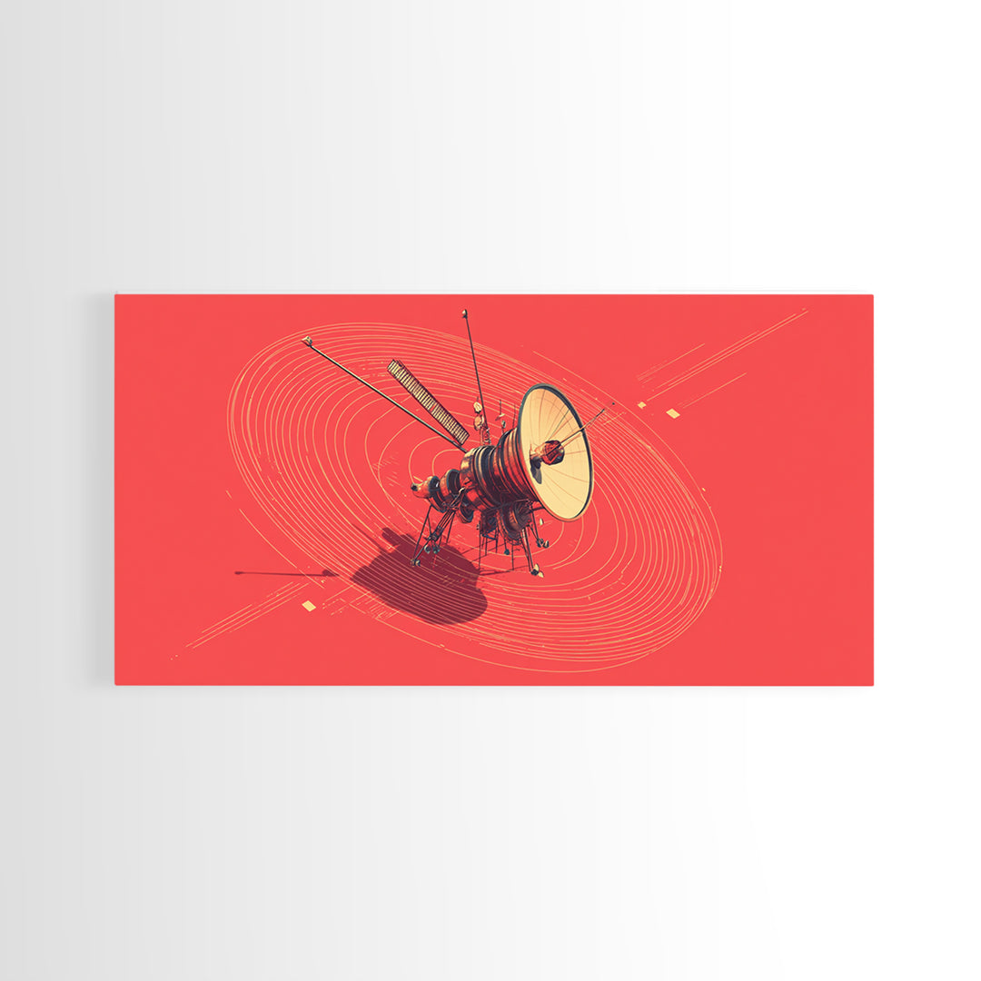 Red Space Probe With Orbital Rings, Mid Century Modern Wall Art, Retro Sci Fi Satellite Poster, Minimalist Space Decor Print