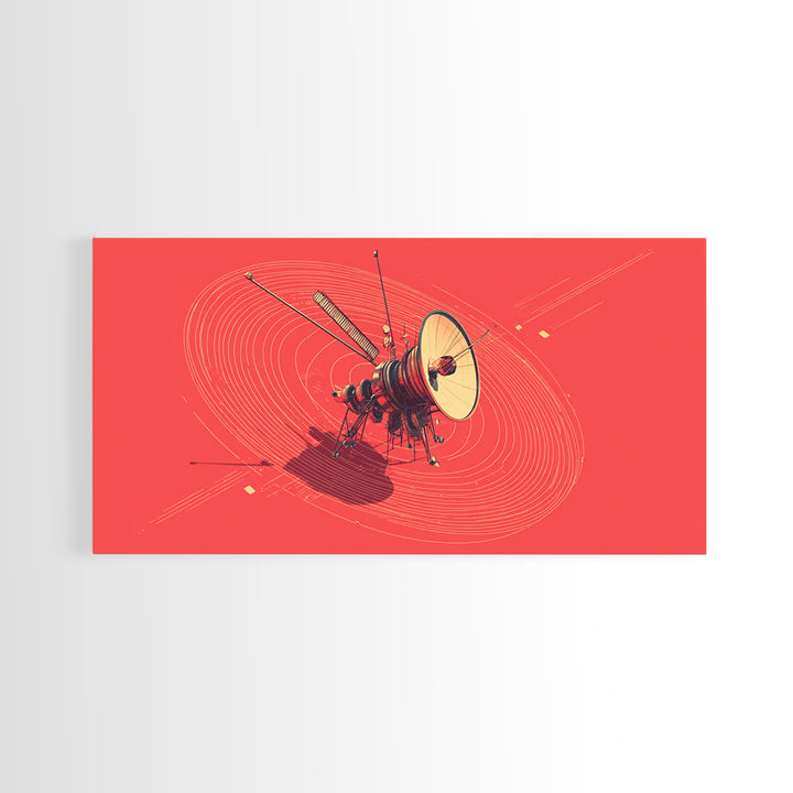 Red Space Probe With Orbital Rings, Mid Century Modern Wall Art, Retro Sci Fi Satellite Poster, Minimalist Space Decor Print