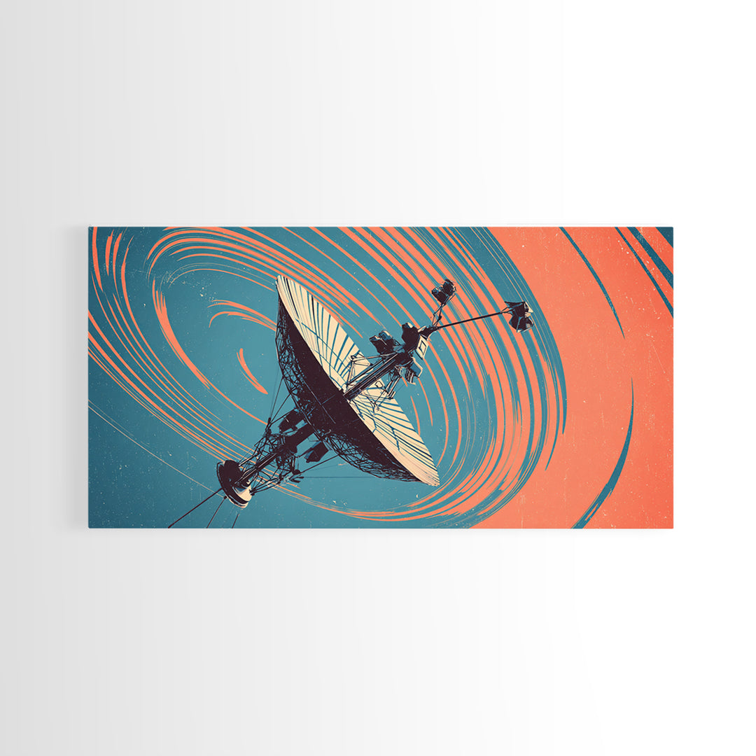 Teal Coral Satellite Dish In Orbit, Mid Century Modern Wall Art, Retro Sci Fi Space Poster, Geometric Abstract Decor Print