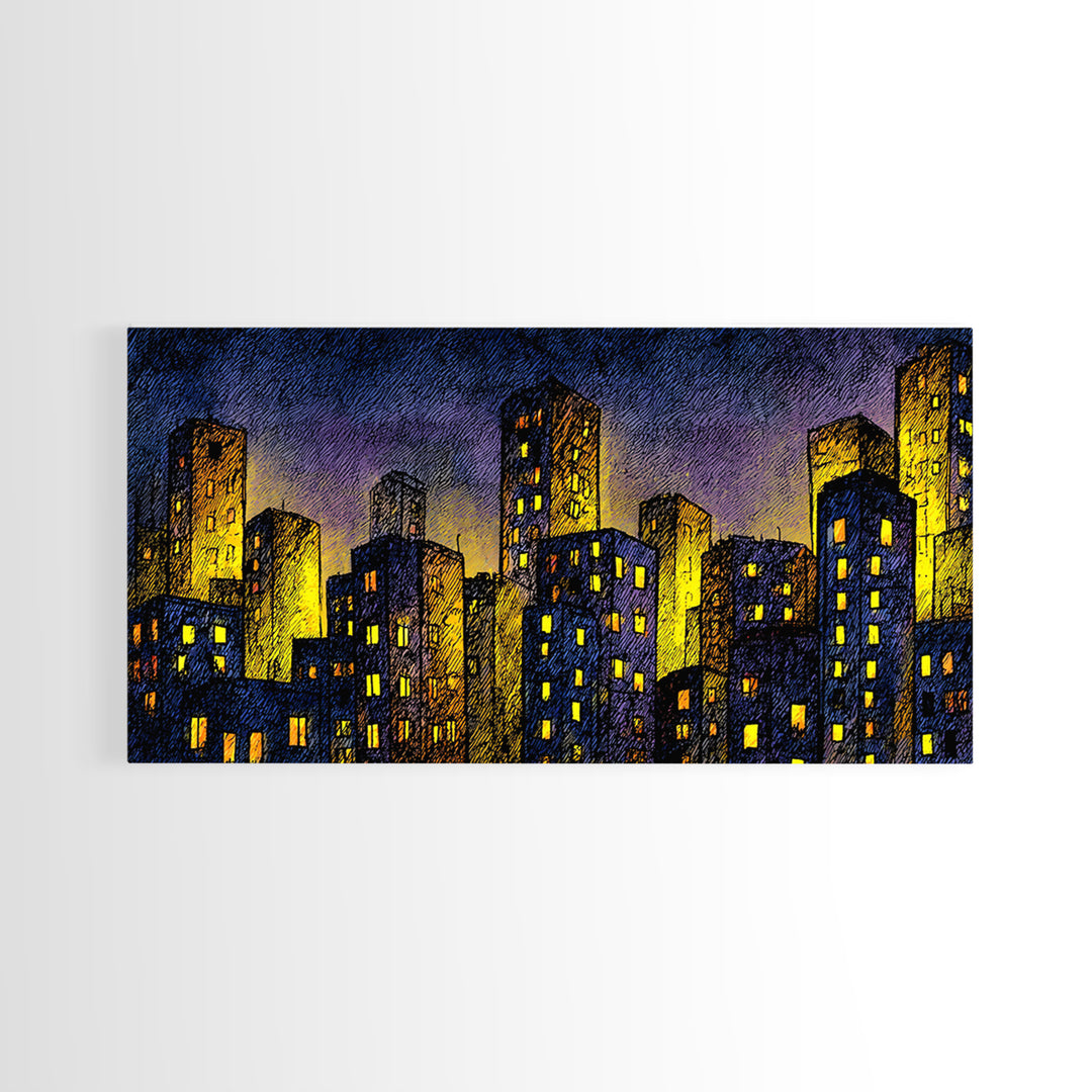 Golden Dusk City Skyline Wall Art, Blue Urban Nightscape, Modern Abstract Art Print, Office Decor, Living Room Wall Decor