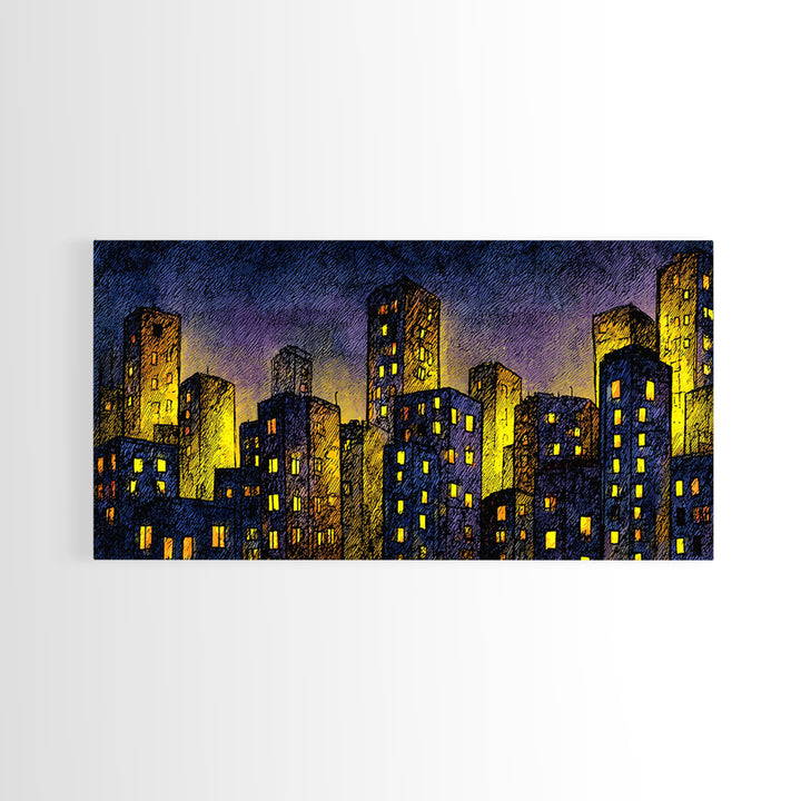 Golden Dusk City Skyline Wall Art, Blue Urban Nightscape, Modern Abstract Art Print, Office Decor, Living Room Wall Decor